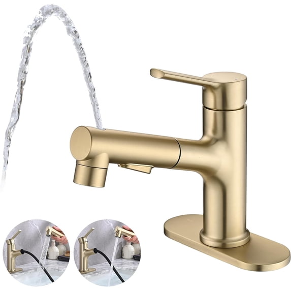 Bathroom Sink Faucet with Pull Out Sprayer, Single Handle Modern Bathroom Basin Faucet with Pop-up Sink Drain Stopper & Deck Plate 1 or 4-inch Centerset 3 Hole, Gold