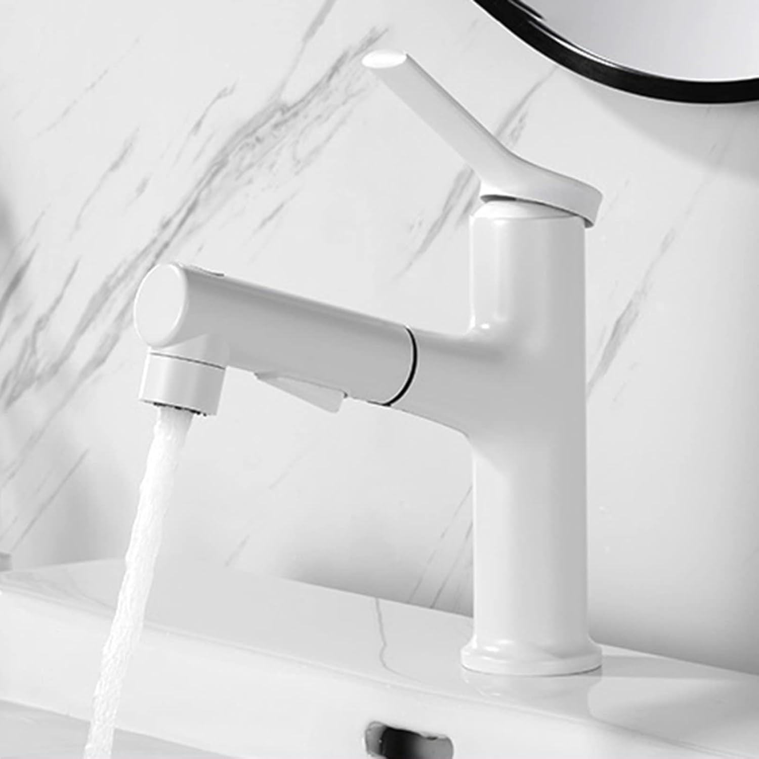 Bathroom Sink Faucet with Pull Out Sprayer,Single Hole Bathroom Sink Faucet with 3 Modes,Brass Single Handle for Hot and Cold Water Vanity Basin Faucet,White