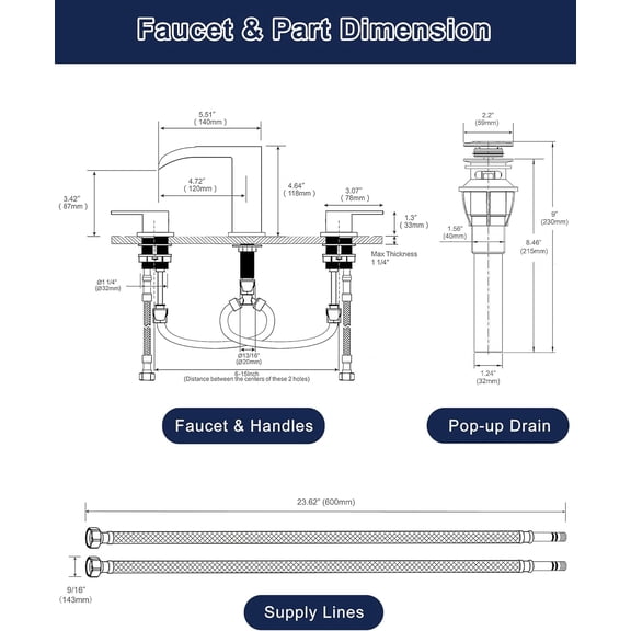 Bathroom Sink Faucet Stainless Steel, Waterfall Brushed Nickel Bathroom Faucet 3 Hole, 8 Inch Widespread Bathroom Sink Faucet with Pop-up Drain and Supply Lines, Two Handles for Vanity, Lavatory