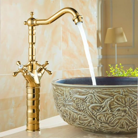 Bathroom Sink Faucet Vintage, Basin Faucets 360 Degree Swivel Spout Lavatory Sink Faucet, Bathroom Sink Faucet Single Hole Cold and Hot Double Handle Cross High, Gold