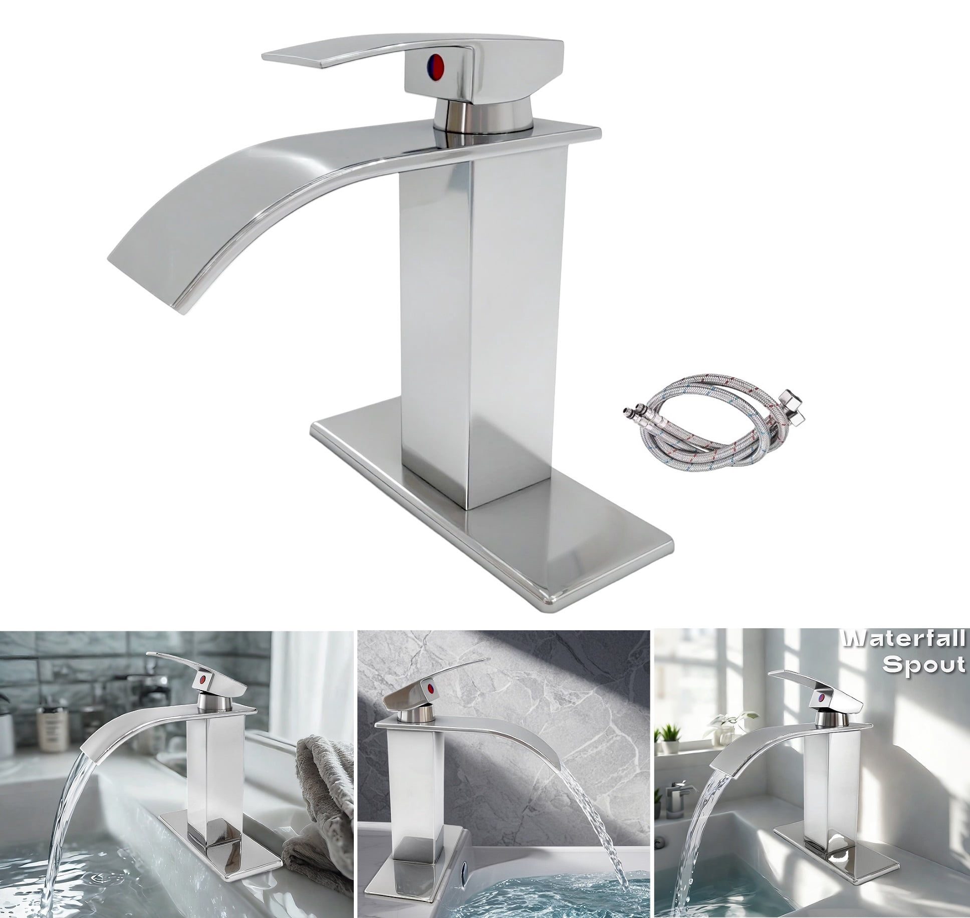 Bathroom Sink Faucet Waterfall Spout Hold & Cold Mixer Tap Single Handle Modern Lavatory Vanity Sink Faucet with Hose Deck Plate for 1 or 3 Holes, Chrome