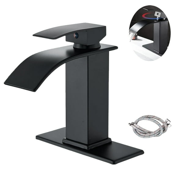 Bathroom Sink Faucet Waterfall Spout Hold & Cold Mixer Tap Single Handle Modern Lavatory Vanity Sink Faucet with Hose Deck Plate for 1 or 3 Holes, Matte Black