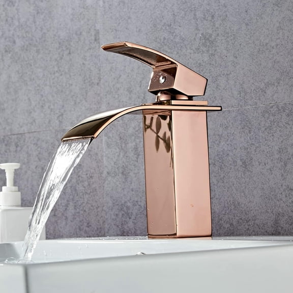 Bathroom Sink Faucet, Wide Mouth Waterfall Basin Faucet, Single Handle Single Hole Cold and Hot Water Mixer Tap, Brass Washbasin Faucet, Rose Gold
