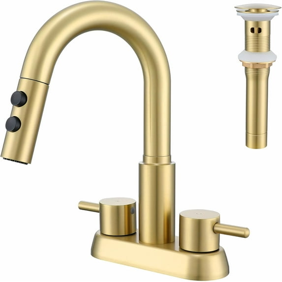 Bathroom Sink Faucet with Pull Down Sprayer 3 Holes, Brushed Gold 4 inch 2 Handles Centerset Laundry Bar Basin Pull Out Faucet with Pop-Up Drain