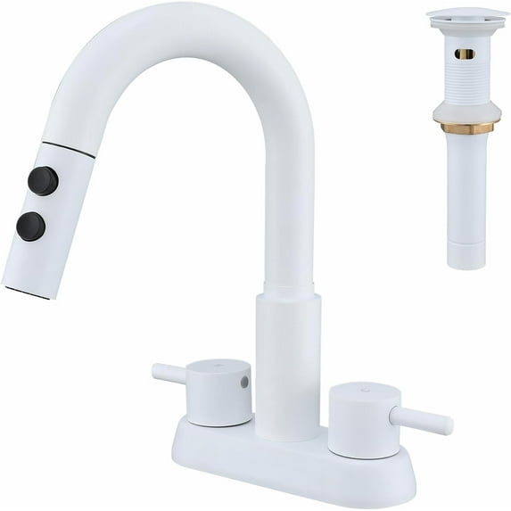 Bathroom Sink Faucet with Pull Down Sprayer 3 Holes, White 4 inch 2 Handles Centerset Laundry Bar Basin Pull Out Faucet with Pop-Up Drain