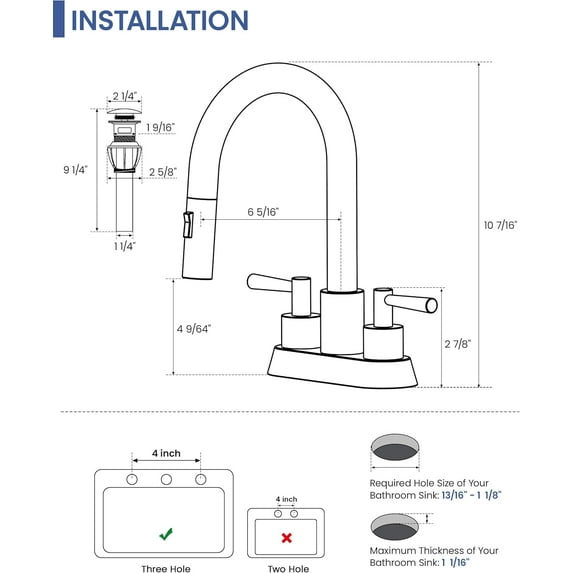 Bathroom Sink Faucet with Pull Out Sprayer, 2 Handles, Brushed Nickel, 3 Holes, 4 Inch, 360 Degree Swivel Spout