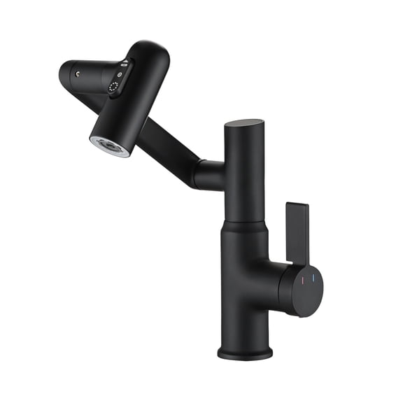 Bathroom Sink Faucet with Spray & Temp Display, Matte Black, 360° Swivel, Single Handle, Hot & Cold, Lead-Free, Easy Install