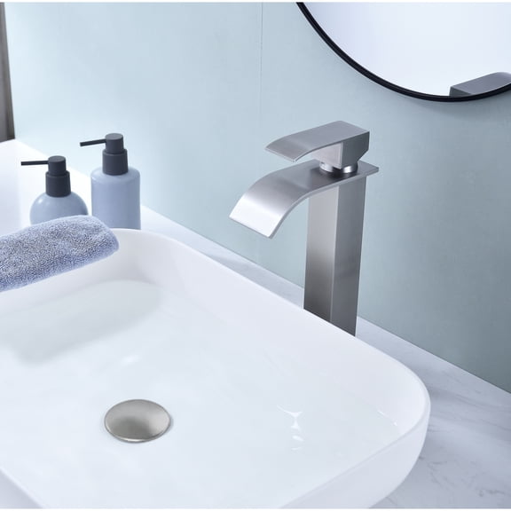 Bathroom Sink Faucet with Waterfall Spout Single Handle Pop-Up Drain No Overflow for Vessel Sink Rust-Resistant Surface