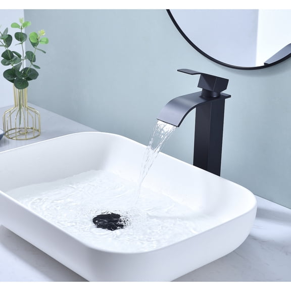 Bathroom Sink Faucet with Waterfall Spout Single Handle Pop-Up Drain No Overflow for Vessel Sink Rust-Resistant Surface