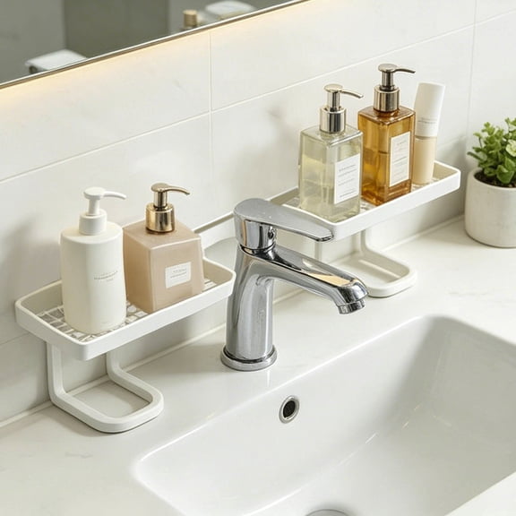Bathroom Sink Organizer Shelf, Over The Faucet Storage Rack for Kitchen Bathroom, No Drill ABS Plastic Space Saver Holder for Soap Sponge, 19.7 Inches