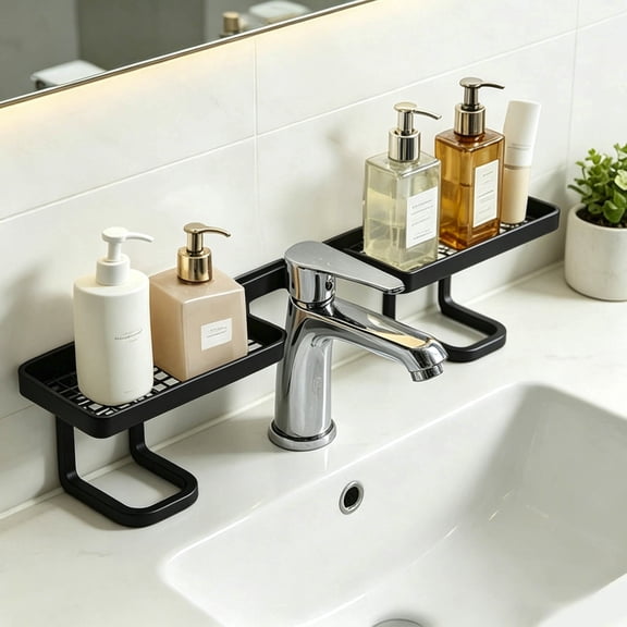 Bathroom Sink Organizer Shelf, Over The Faucet Storage Rack for Kitchen Bathroom, No Drill ABS Plastic Space Saver Holder for Soap Sponge, 19.7 Inches