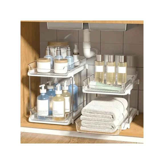 Bathroom Under Sink Organizer and Storage, 2-Tier Pull Out Cabinet Organizer with Dividers, Stackable Acrylic Kitchen Pantry Organization Shelf, Clear