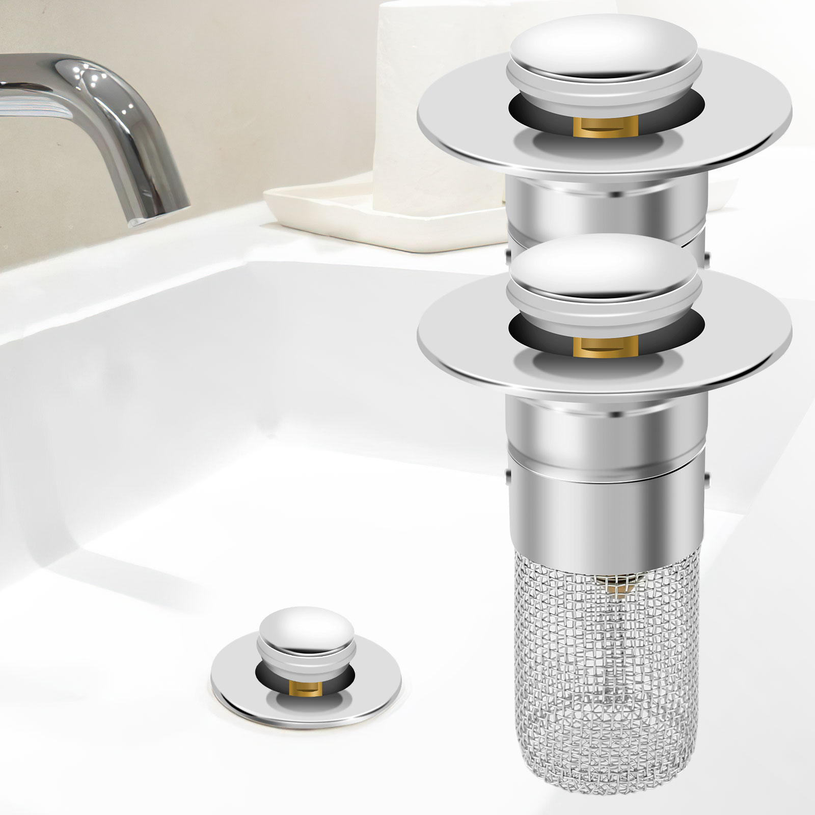Bathroom Sink Plug PopUp Bathroom Sink Stopper with 304 Stainless Steel Detachable Filter