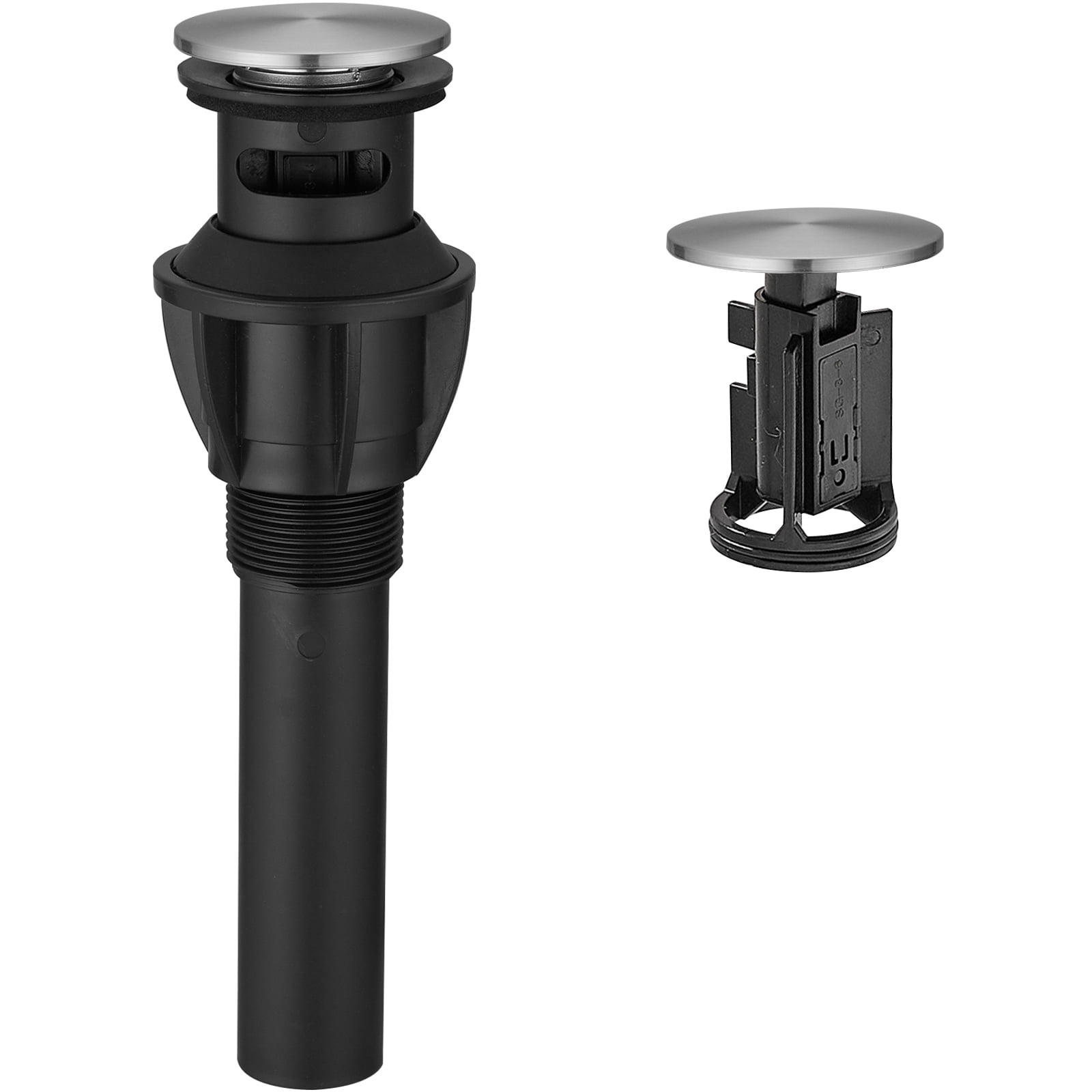 Brushed Nickel and Black Plastic Bathroom Sink Pop-Up Drain
