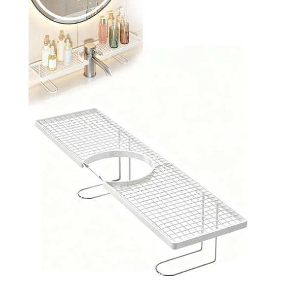 Bathroom Sink Shelf, 2026 NEW Over the Sink Shelf, Bathroom Sink Shelf Over Faucet, No-Drill Faucet Storage Rack, Widened U-Shaped Groove with a Hollowed-Out Bottom Design (White)