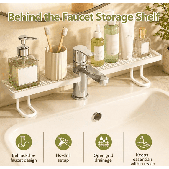 Bathroom Sink Shelf Over Faucet, Over Bathroom Sink Shelf Organizer, No-Drill Faucet Storage Rack, Behind Faucet Storage Shelf for Bathroom Counter Organization