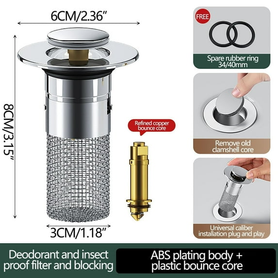 Bathroom Sink Stopper,3 in 1 Bathroom Sink Drain Strainer,Pop Up Stopper with Removable Stainless Steel Filter Basket Hair Catcher,Sink Plug for 1.18''x3.15'' Basin,Brass Bullet Core(Silver)