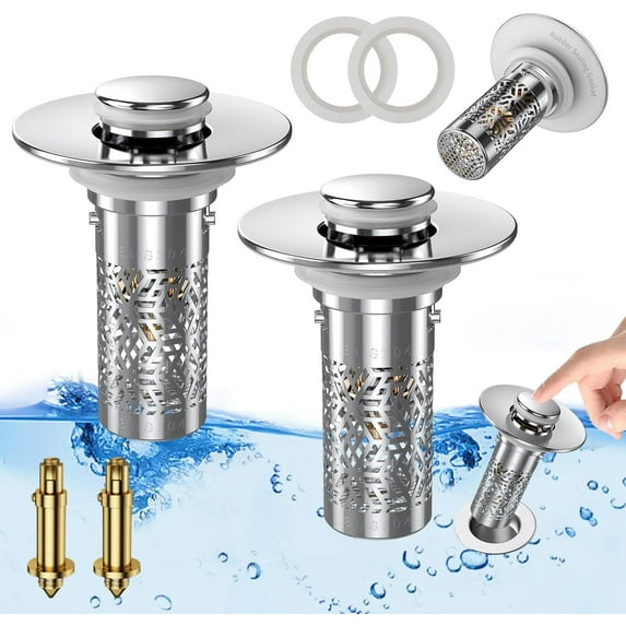 Bathroom Sink Stopper Hair Catcher, Pop-up Sink Drain Strainer with Removable Stainless Steel Strainer Basket Hair Catcher, Bathroom Sink Strainer for Bathroom Sink Stopper Replacement. (New-2PCS)