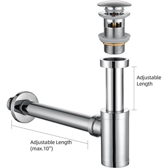 Bathroom Sink Stopper P-Trap Complete Set Adjustable 1-1/4 Drain Kit Tube Solid Brass Bottle Trap w/ Overflow Silver