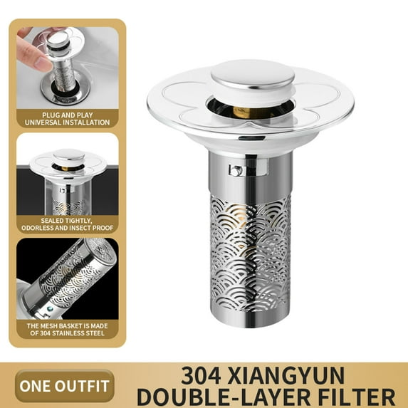 Bathroom Sink Stopper with Removable Stainless Steel Hair Catcher Filter Basket | ABS Brass Core Drain Plug for Basin & Shower | 2 Rubber Ring Sizes | Easy Install & Clean