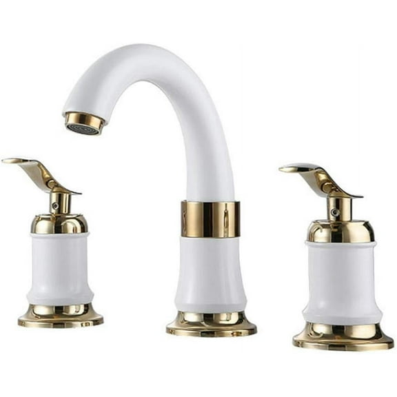 Bathroom Sink Taps 3 Hole Brass Double Handle Separate Control Of Hot and Cold Water Taps for Bathroom Basin White Gold