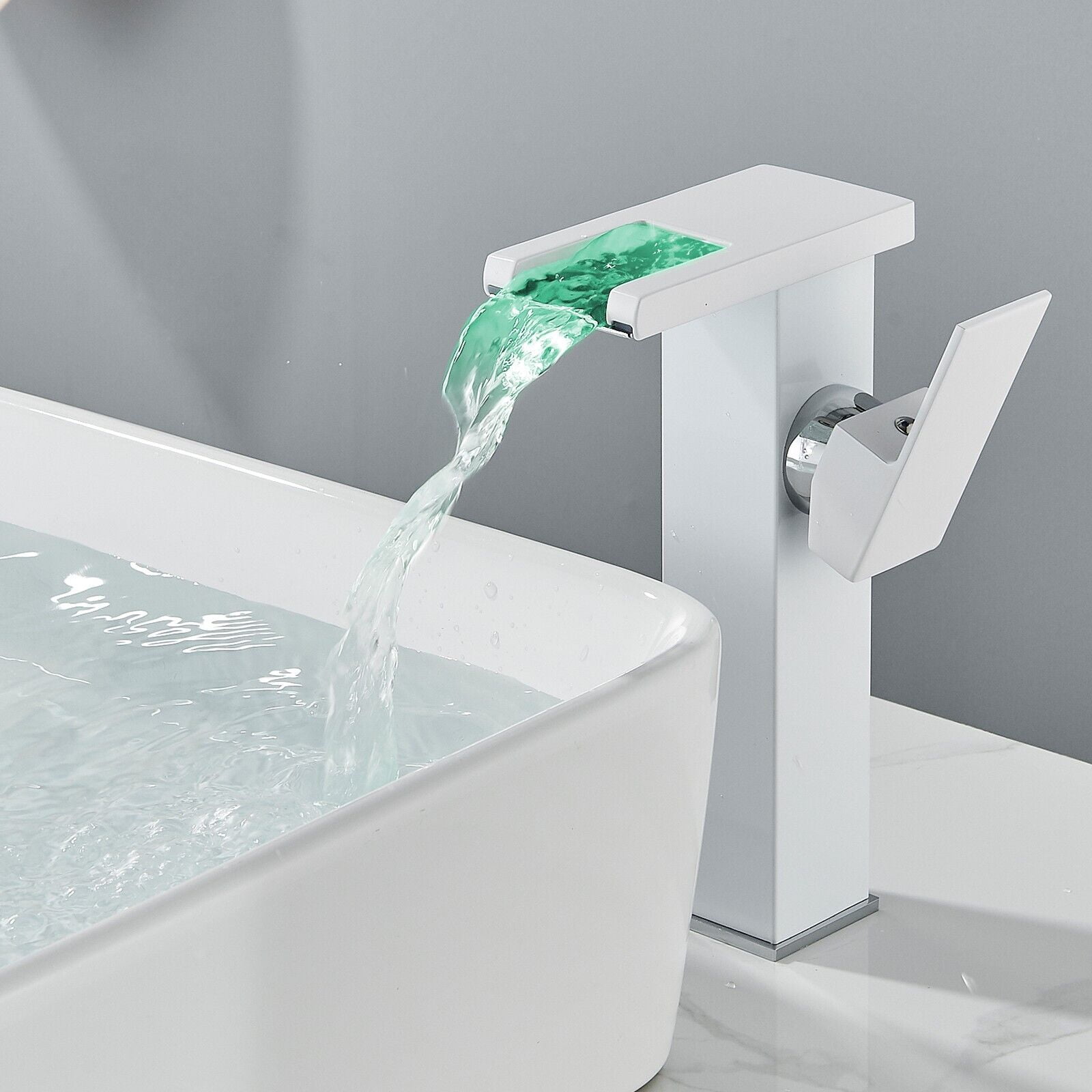 White Bathroom Vessel Faucet Led Light 3 Color Changing Waterfall Single Handle One Hole Bowl ...