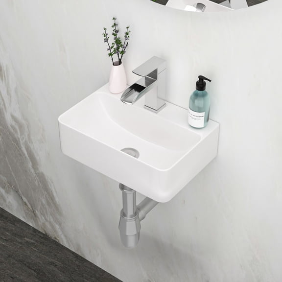 Bathroom Sink, White Ceramic Wall Mount Floating Basin, Rectangular Stain Resistant Washbasin with Single Faucet Hole and Mounting Hardware, 14.5 x 10 x 4.2 Inches for Bathroom Decor