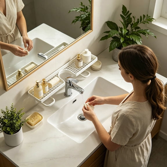 Bathroom Sinks Caddy No Drill Over-the-Sink Organizer with Drainage Sink Faucet Caddy Bathroom Sink Storage Rack for Soap, Sponge and Toiletries