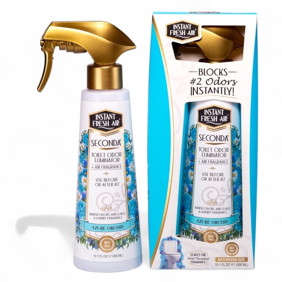 Bathroom-Size SECONDA Large Bottle 10.1 Oz., Azure Orchid Scent Toilet Spray, Blocks #2 Odors Instantly, Long-Lasting Bathroom Essentials for Home, Couples, Families, Office - INSTANT FRESH AIR
