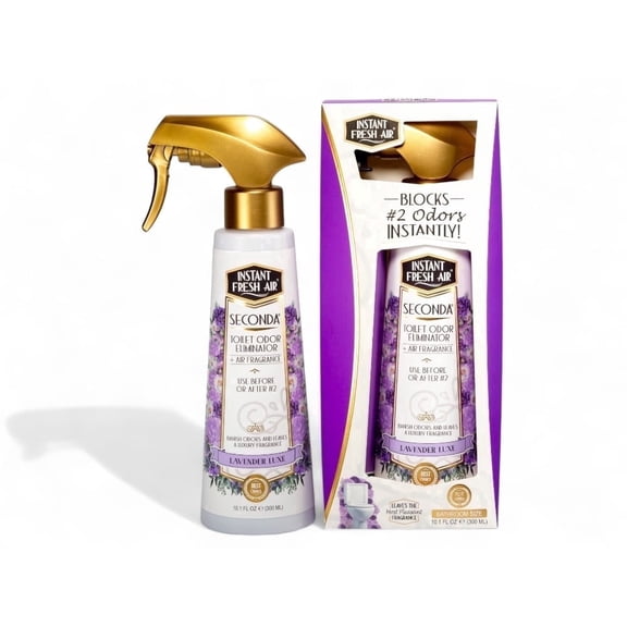 Bathroom-Size SECONDA Large Bottle 10.1 Oz., Lavender Luxe Scent Toilet Spray, Blocks #2 Odors Instantly, Long-Lasting Bathroom Essentials for Home, Couples, Families, Office - INSTANT FRESH AIR