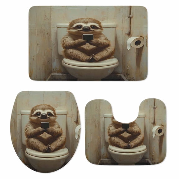 Bathroom Sloth Bath Mat 3 Piece Bathroom Rug Set, Toilet Animals Vintage Non Slip Bath Rug Contour Mat and Toilet Lid Cover, Absorbent Shower Mats Soft Bath Rugs and Mats Sets