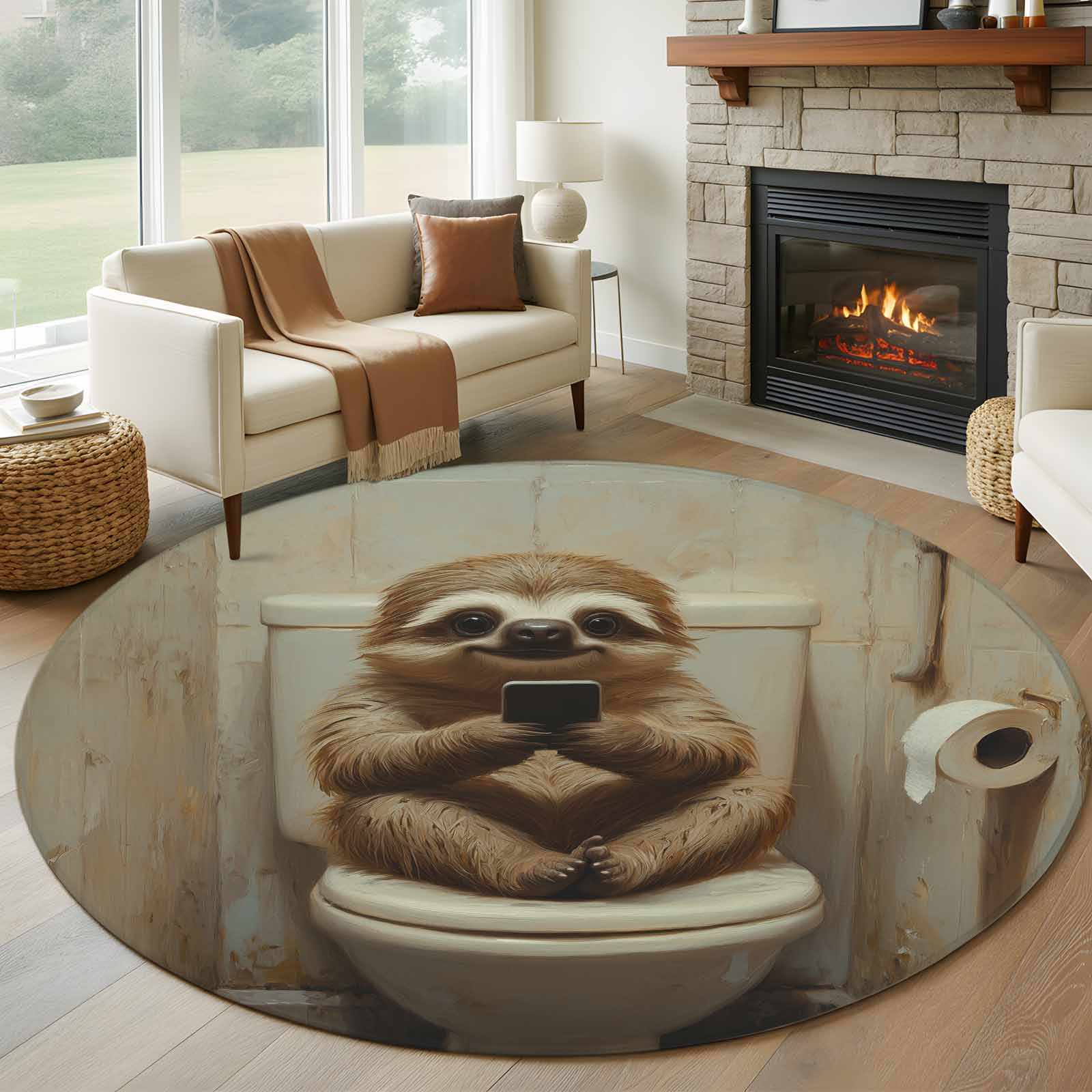 Bathroom Sloth Large Round Rug 8 FT, Non Slip Living Room Area Carpet ...