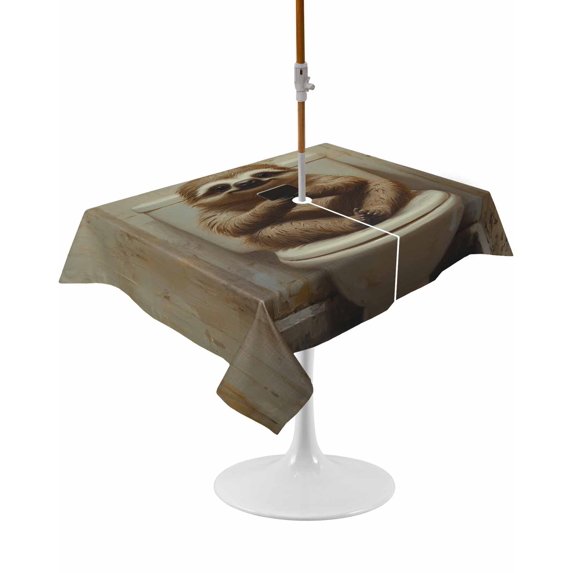 Bathroom Sloth Rectangle Outdoor Tablecloth, Waterproof Table Cloth Cover with Umbrella Hole and Zipper, Toilet Animals Vintage Table Protector for Patio Party Picnic 60"x84"