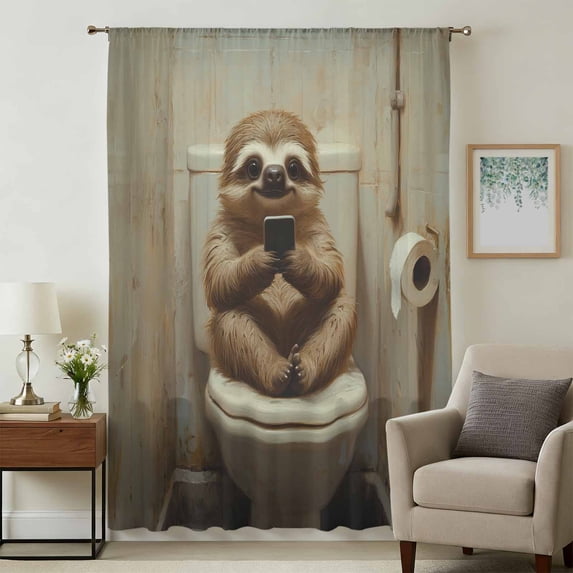 Bathroom Sloth Sheer Curtains 45 Inches Long, Toilet Animals Vintage Light Filering Curtains, Breathable Simi Curtain Privacy Drapes for Kitchen Bathroom Lightweight Small Window Treatment