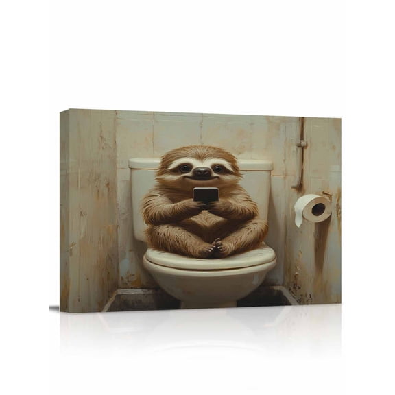 Bathroom Sloth Wall Art for Living Room, Canvas Picture Wall Decor for Bathroom Bedroom, Toilet Animals Vintage Painting Artwork for Office Kitchen Hallway Dining Room Home Decorations 12"x16"