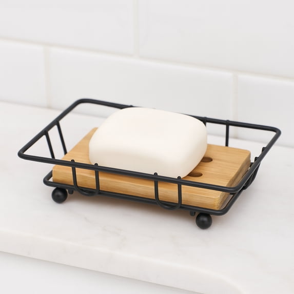 Bathroom Soap Dish Bamboo Tray Black Metal Wire