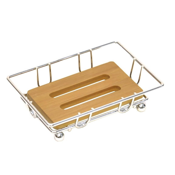 Bathroom Soap Dish Bamboo Tray Chrome Metal Wire