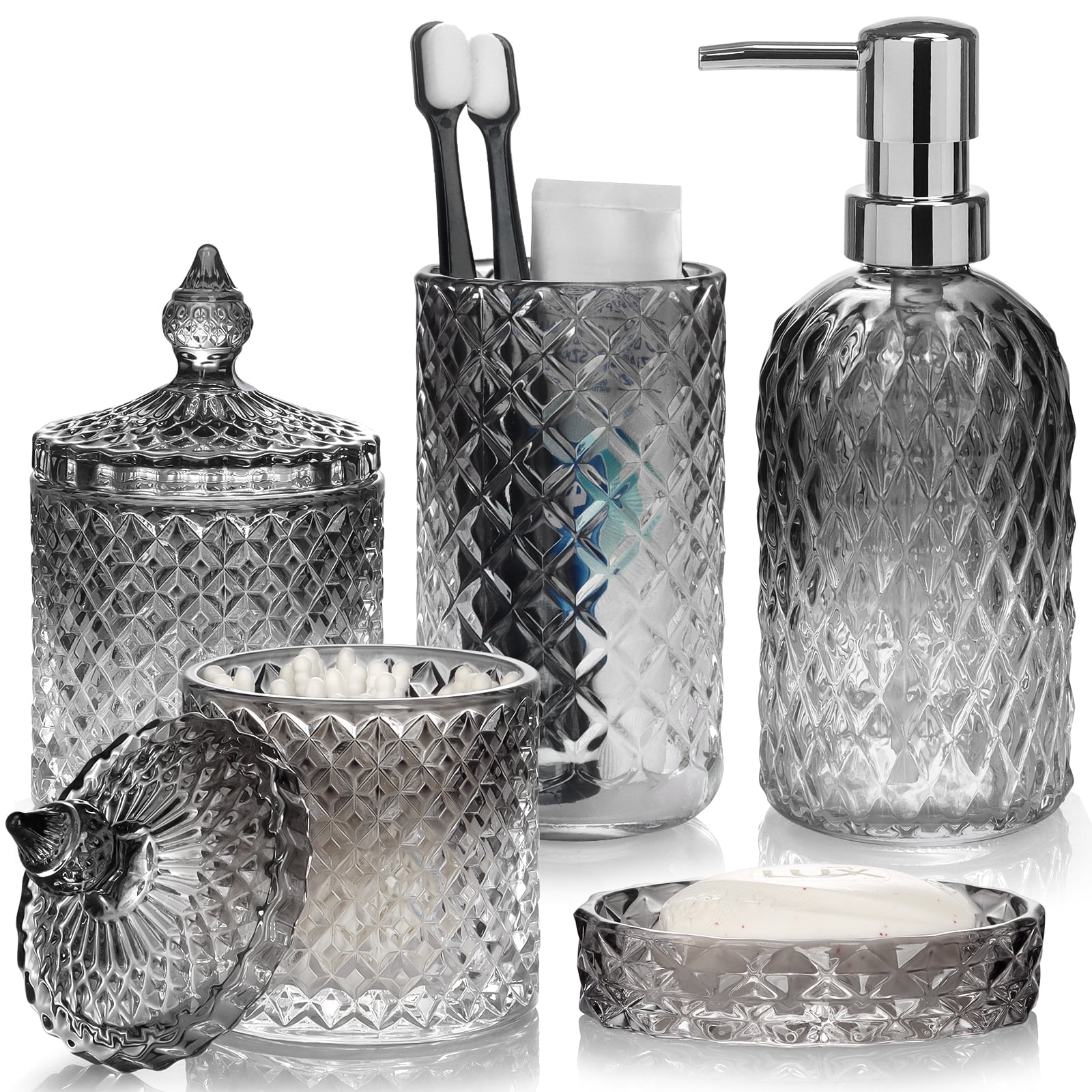 Bathroom Soap Dispenser Set, 5-Piece Glass Bathroom Accessories, Modern Bathroom Decor, Bathroom Glass Accessories Set, Gradient Dark Gray