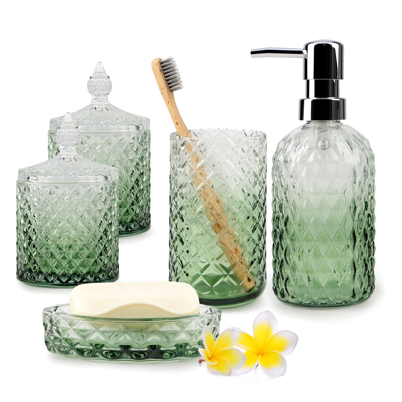 Bathroom Soap Dispenser Set, 5-Piece Glass Bathroom Accessories, Modern Bathroom Decor, Bathroom Glass Accessories Set, Gradient Green