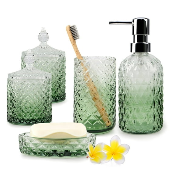 Bathroom Soap Dispenser Set, 5-Piece Glass Bathroom Accessories, Modern Bathroom Decor, Bathroom Glass Accessories Set, Gradient Green