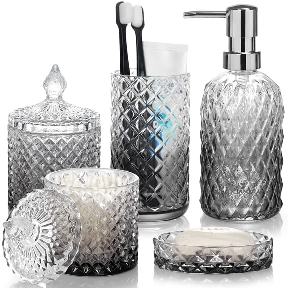 Bathroom Soap Dispenser Set, 5-Piece Glass Bathroom Accessories, Modern Bathroom Decor, Bathroom Glass Accessories Set, Gradient Light Gray
