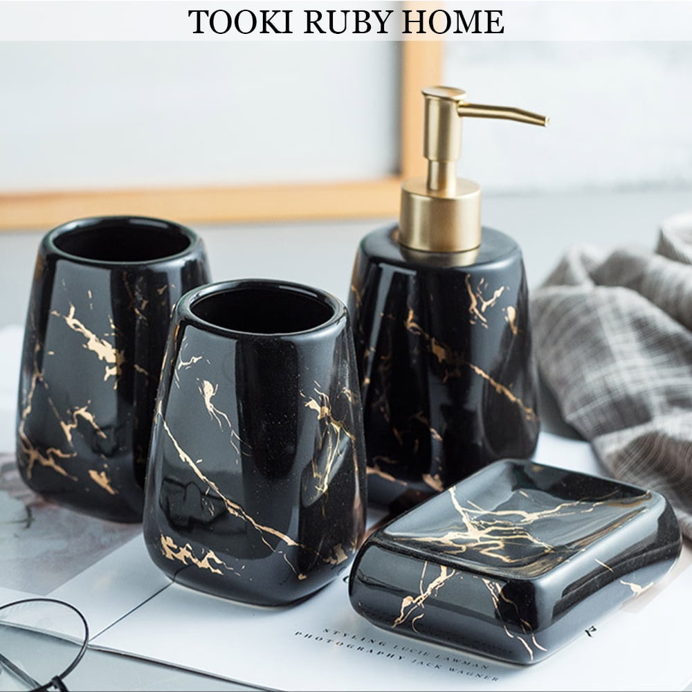 RQYIXI Bathroom Accessories Set 4 Pcs Toothbrush Holder Soap Dispenser  Ceramic and Wood Bathroom Set Contain Toothbrush Cup Soap Dish Tumbler Black