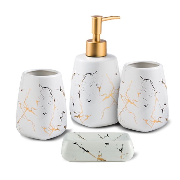 Bathroom Soap Dispenser Set Bathroom Accessories Set 4 Pcs Ceramic Marble Bathroom Accessories Complete Set Bathroom Decor - 1 Soap Dispenser, 2 Tumblers, 1 Soap Dish, Glossy White