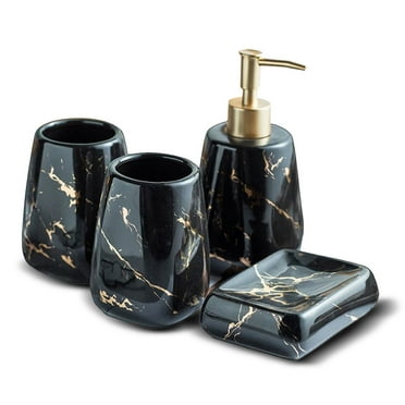 Bathroom Soap Dispenser Set Bathroom Accessories Set 4 Pcs Ceramic Marble Bathroom Accessories Complete Set Bathroom Decor - 1 Soap Dispenser, 2 Tumblers, 1 Soap Dish, Glossy Black