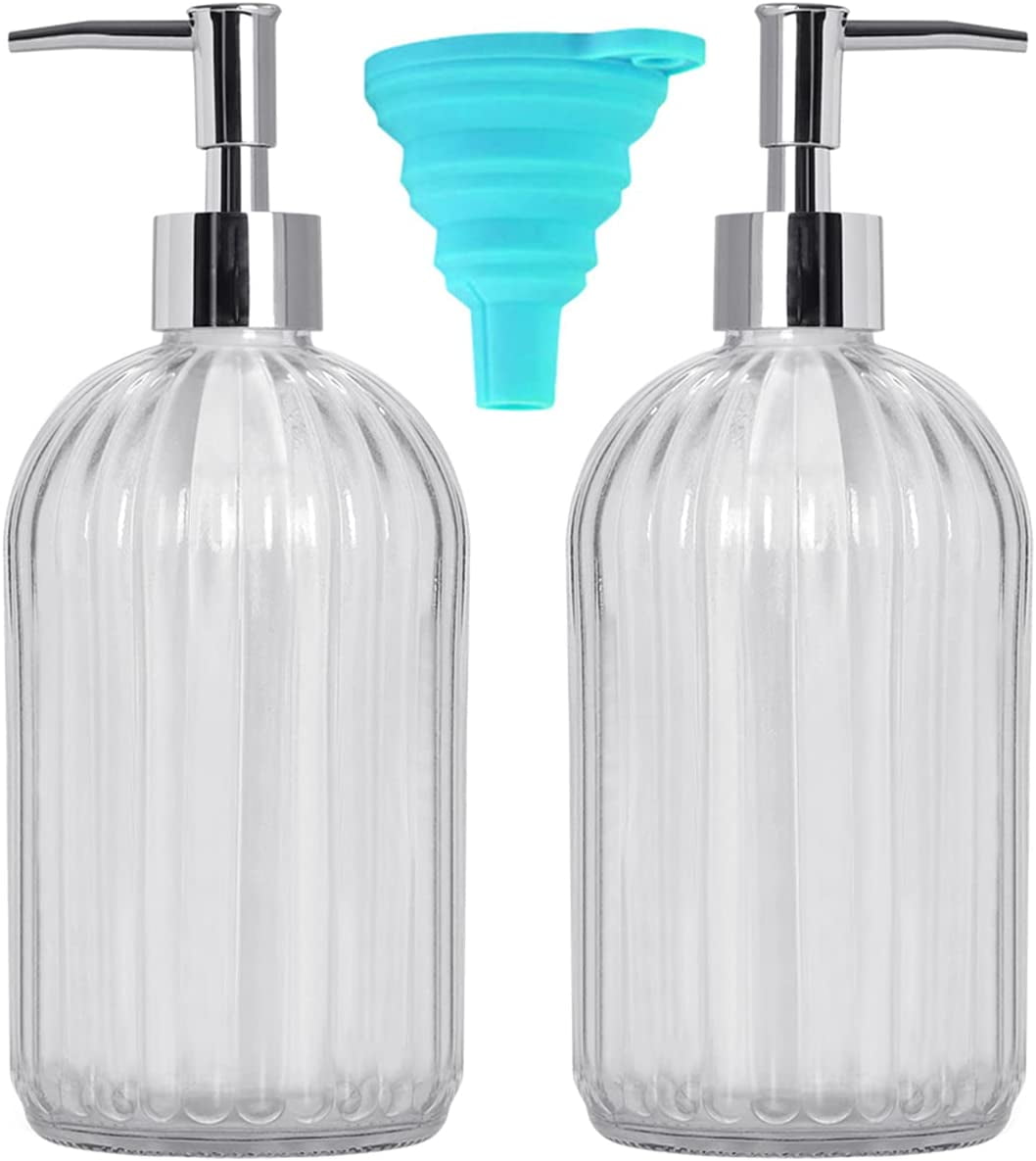 Bathroom Soap Dispenser Set, RABBITXOCO 2 Pack 18oz/500ml Dish Soap Dispenser for Kitchen Sink Liquid Hand Sanitizer Soap Dispenser Set Jar Lotion Clear Glass Soap Dispenser with Pump Silicone Funnel