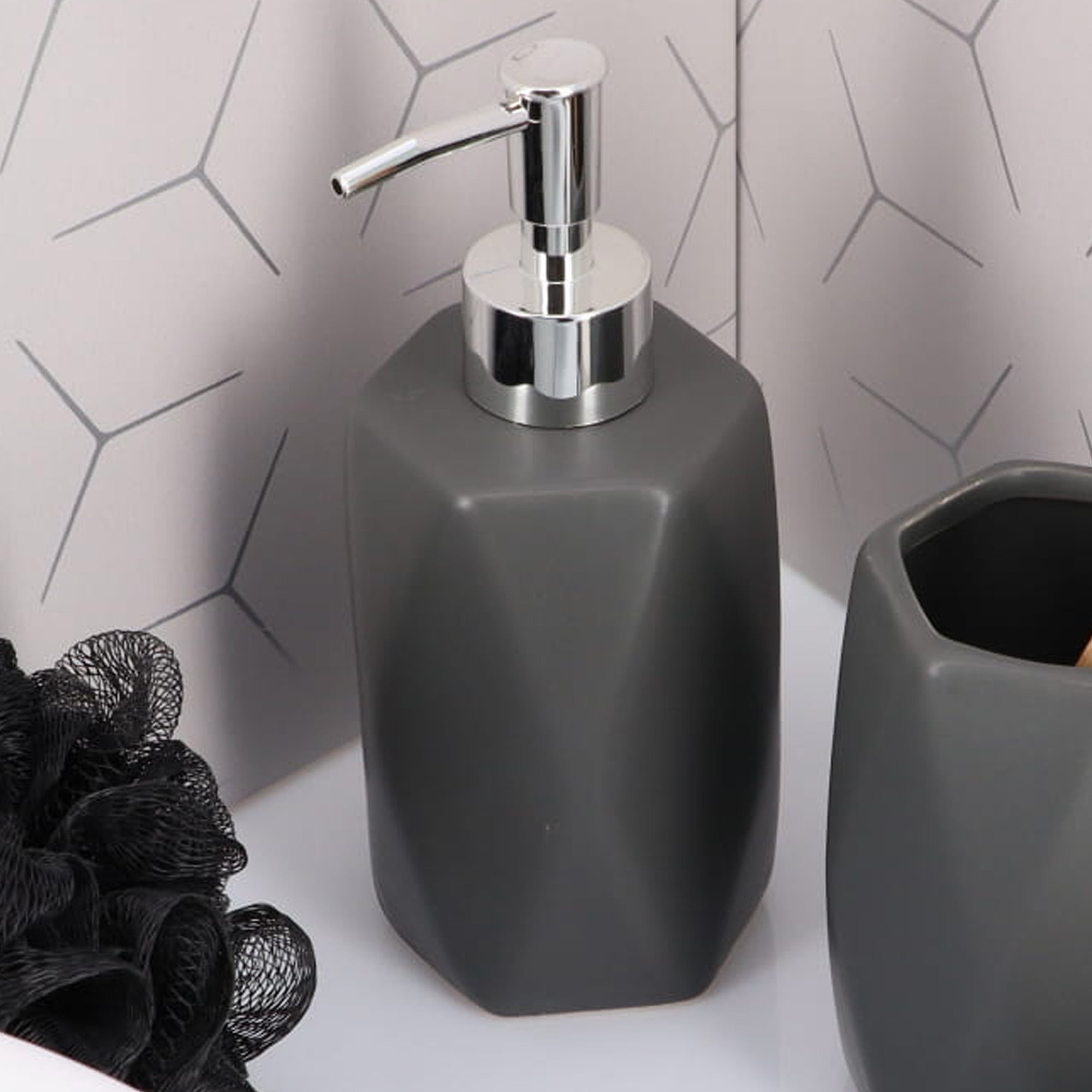 Gray Stoneware Diamond Shape Hand Soap Dispenser