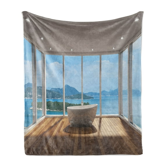 Bathroom Soft Flannel Fleece Throw Blanket, Minimalist Design Bathtub with Relaxing Scenery of Islands Print, Cozy Plush for Indoor and Outdoor Use, 50" x 60", Pale Brown White, by Ambesonne