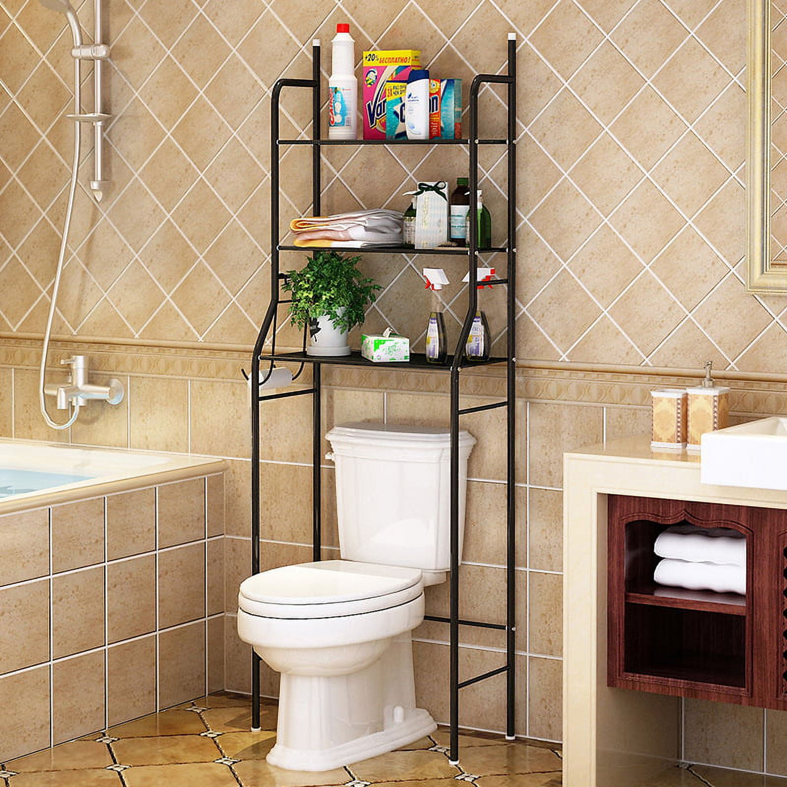 Kimzda 3-Tier Bathroom Over The Toilet Storage Rack Free Standing Metal  Frame Shelf Organizer, with 4-Hooks, Black