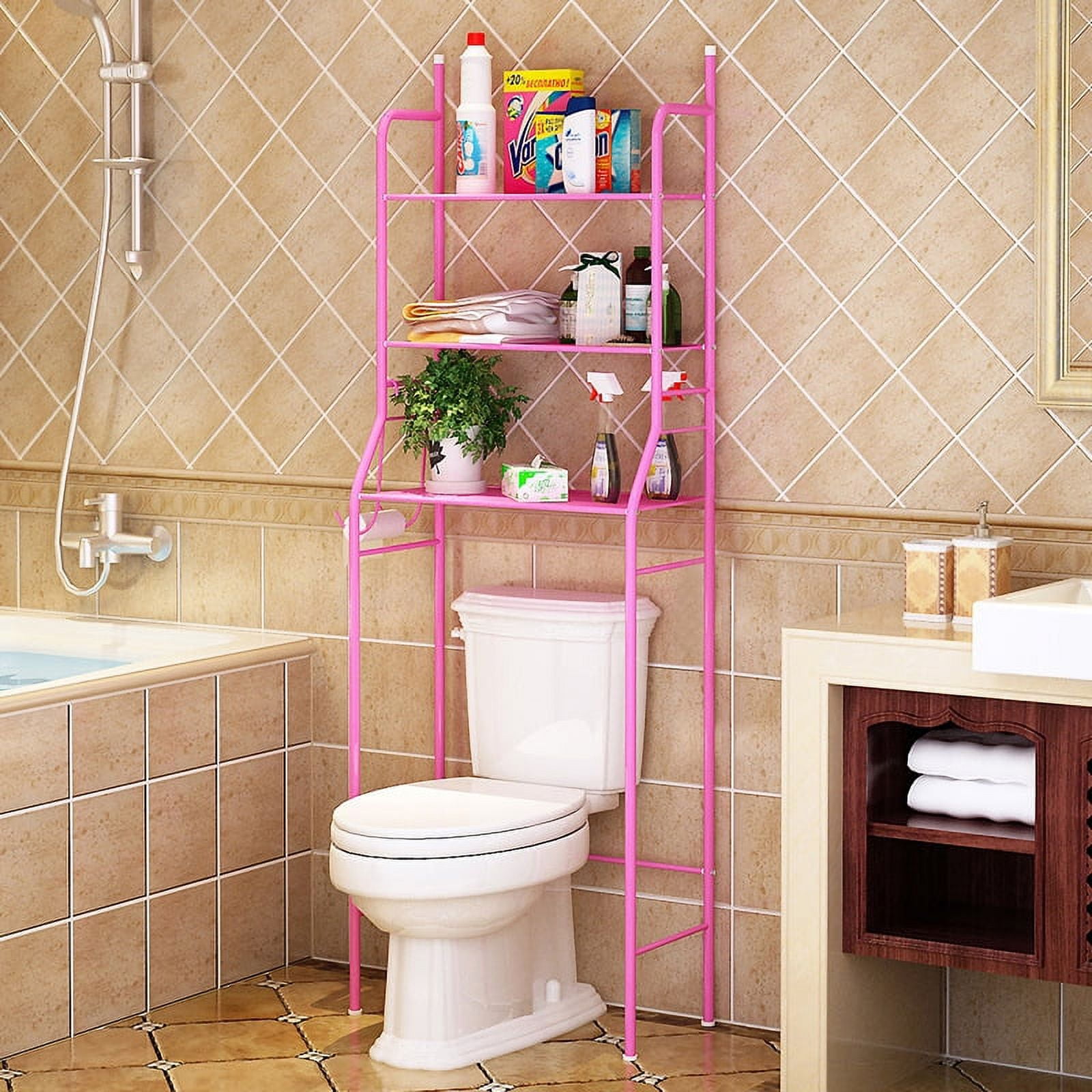 Metal 3-Shelf Toilet Storage Rack Bathroom Freestanding Storage Over Toilet  pink