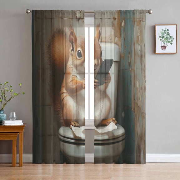 Bathroom Squirrel Sheer Curtains 108 Inch Length 2 Panels Set for Living Room/Bedroom, Toilet Animals Vintage Semi Curtain Sheers Drapes Rod Pocket Curtains Window Treatment Set 52''x108''x2